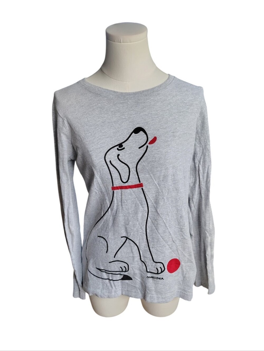 Marushka Gray Signed Hand Print Long Sleeve Tee Black And Red Dog Graphic Print